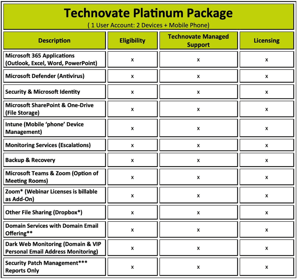 technovate standard platinum managed service provider package offering image